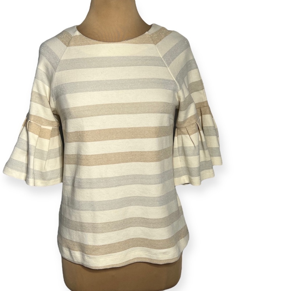 Anthropologie Maeve size M cream Striped Ruffled-Sleeve Helsa Top - Picture 1 of 12